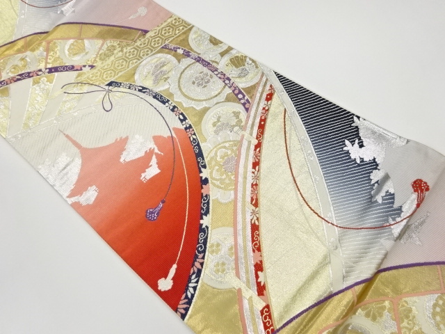 リサイクル　几帳に橋・華紋・花々・寺院模様織出し袋帯